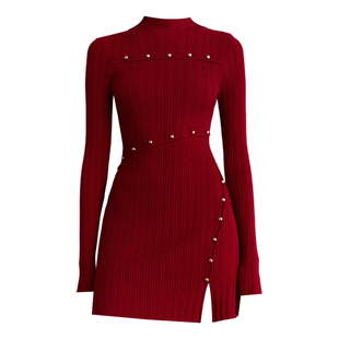 DPLAY2025年冬季新款红色针织连衣裙女高级修身收腰包臀裙