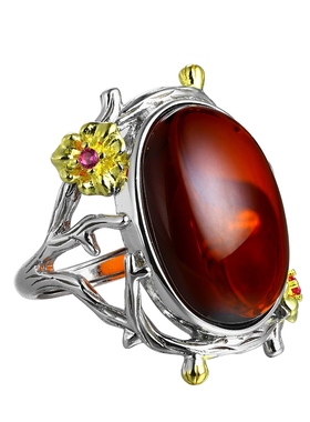 新中式钱币蛋面血珀戒指纯银女士