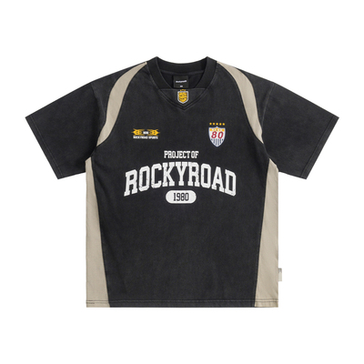 ROCKYROAD童装美式复古拼接撞色机车风圆领短袖字母印花插肩T恤