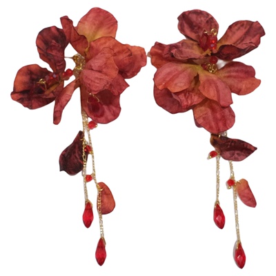 原创复古酒红色玫瑰花朵耳环耳夹