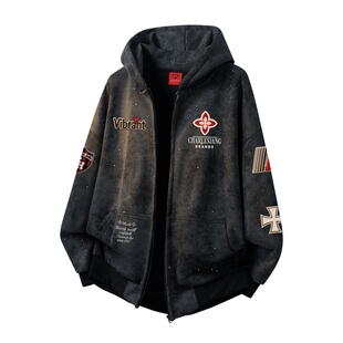 查尔斯桃心满天星开衫连帽卫衣男秋冬季图案印花拼色宽松情侣外套