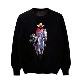 欧洲站潮流西部牛仔提花男士针织衫高级黑色保暖上衣毛衣男款冬季