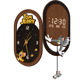 猫和老鼠客厅转角挂钟中古风万年历电子钟表创意发光双面拐角时钟