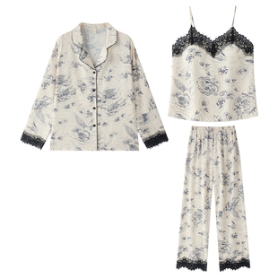 乐姿梦睡衣女士春季春秋款冰丝长袖吊带三件套甜美蕾丝印花家居服