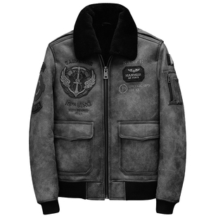 汉名仕B6空降兵刺绣 新款绵机车羊皮毛一体男皮夹克外套真皮皮衣