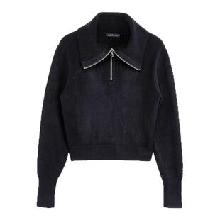 A21女装合体翻领半开筒套头长袖线衫黑色百搭海军领慵懒风上衣