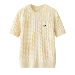 气质优雅~圆领小麻花刺绣蝴蝶女士短袖100纯山羊绒套头衫时尚甜美