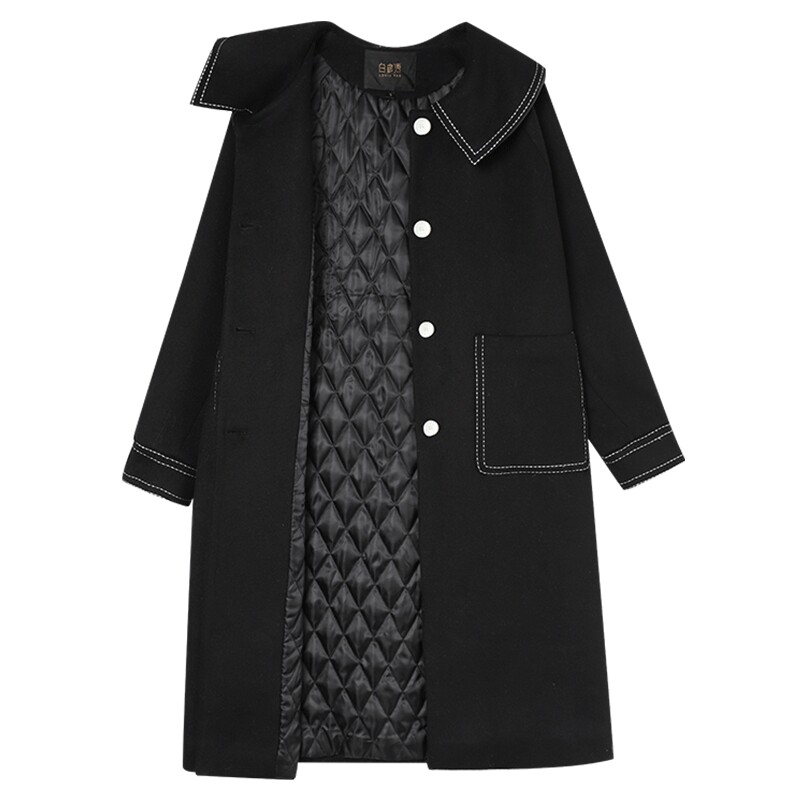 白鹿语韩系黑色娃娃翻领棉服25冬季新款宽松显瘦中长款保暖外套女