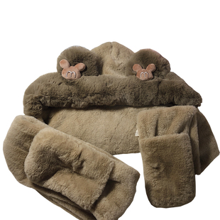 小熊帽子女冬季韩版围巾三件套冬天毛绒连帽一体保暖手套护耳围脖