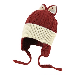 女童针织毛线帽子儿童冬季保暖护耳毛球帽蝴蝶结女宝女孩纯棉里衬