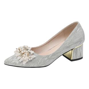 大码婚鞋41一43金色脚宽粗跟香槟色婚礼高跟鞋小码单鞋女花朵秋季