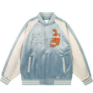 GUUKA潮牌橘猫刺绣棒球服男秋新款 横须贺夹克撞色拼接插肩袖外套