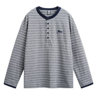 悟空有货美式复古条纹腊肠狗长袖T恤男潮牌拼色亨利领打底衫上衣