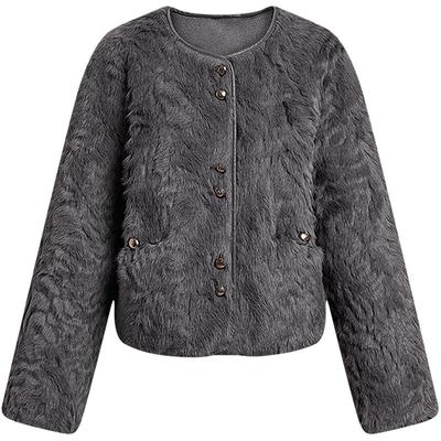 KBNE复古人造毛皮毛一体短款外套女2025冬季新款休闲圆领夹克外套