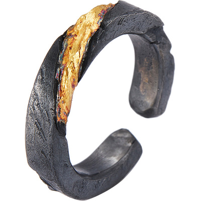 口力米大男纯银复古镶金戒指DIY