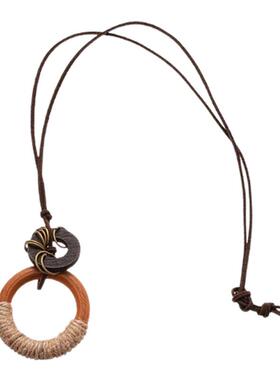 蜡绳木珠圆形星星吊坠双层项链复古民族风锁骨链小众设计感毛衣链