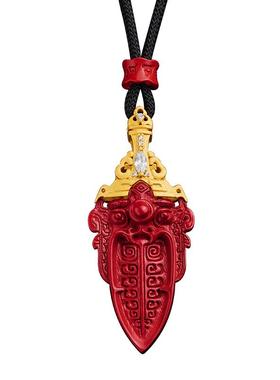 朱砂饕餮吊坠纯银镀金项链挂件