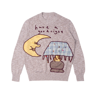 APRIORITY先验 台灯混色纱线绳绣工艺贴布拼接宽松落肩套头毛衣