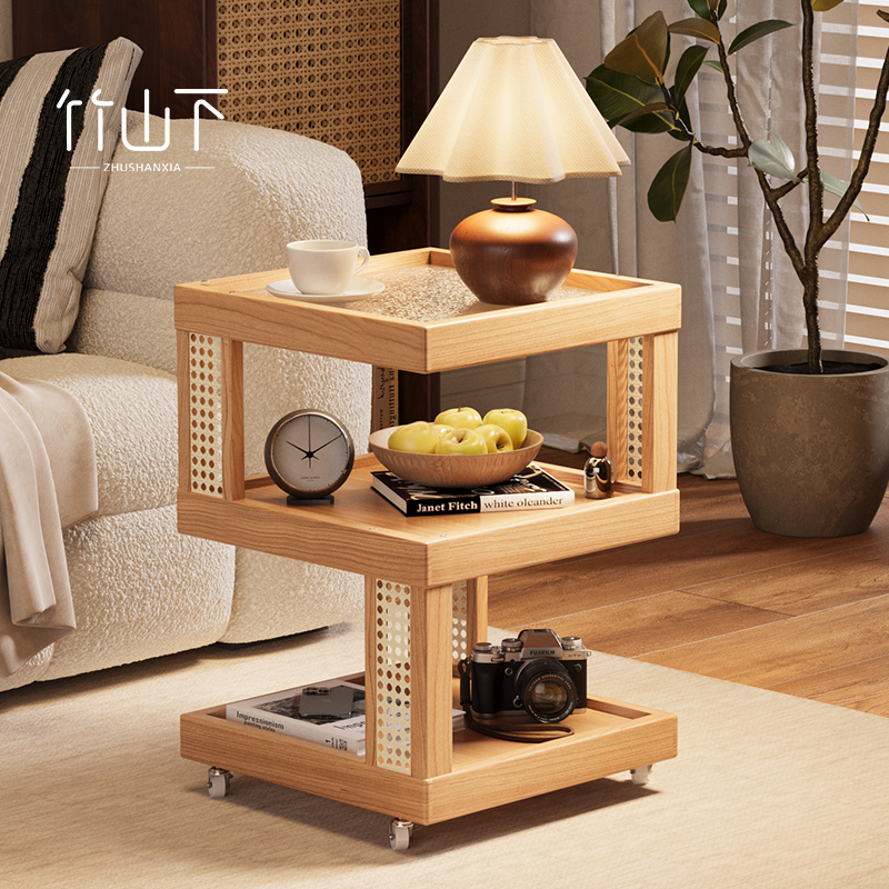 可移动藤编茶几玻璃小边几客厅边柜创意沙发置物架卧室实木床头柜