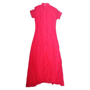 2025新款礼仪中国红女改良奥黛旗袍裙短袖红色长款蕾丝连衣裙年轻