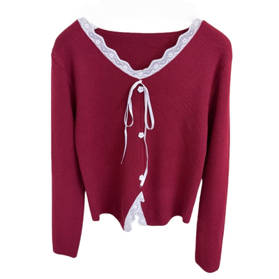 蕾丝花边系带V领针织打底衫女
