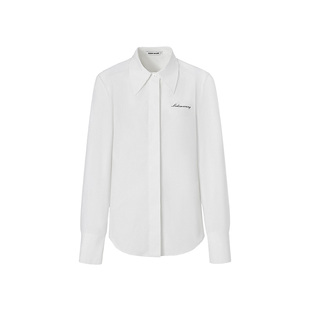 LEDIM WANG绑带收腰衬衫女2026春新款白色字母印花长袖修身上衣