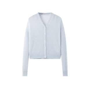 TKY SHOP浅蓝色长袖V领针织开衫女春新款软糯毛衣外套简约百搭