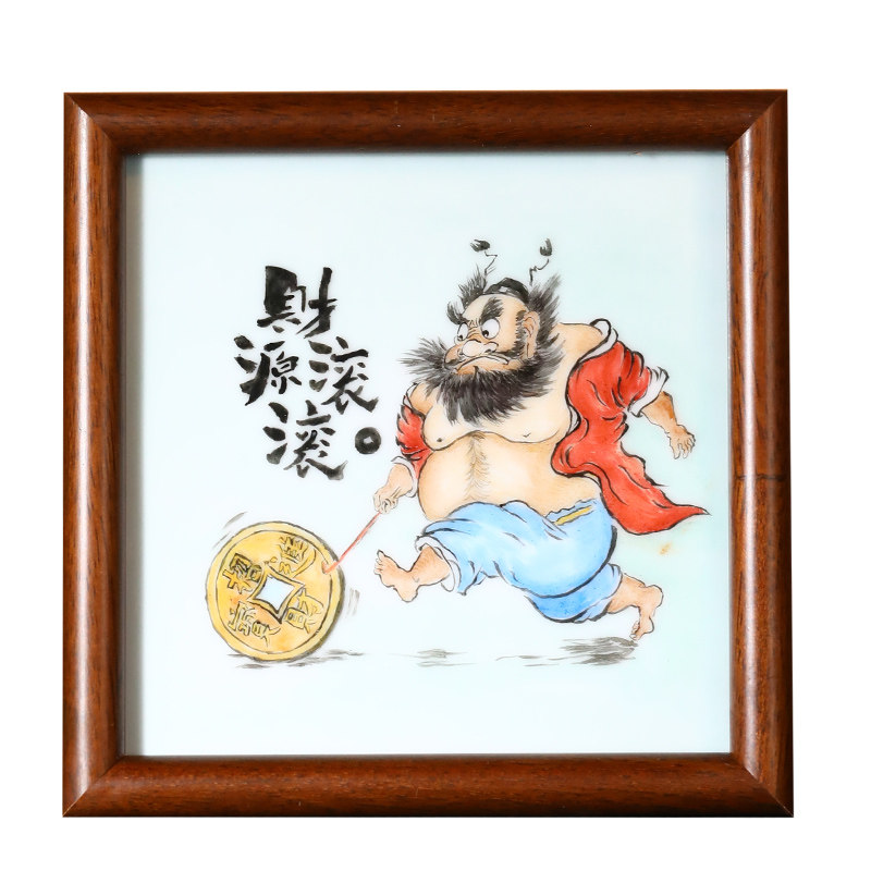 中式招财桌面摆台手绘钟馗瓷板画