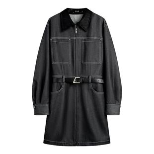 ELLE法式设计感衬衫式连衣裙女2025冬季新款仿牛仔腰带休闲短裙子