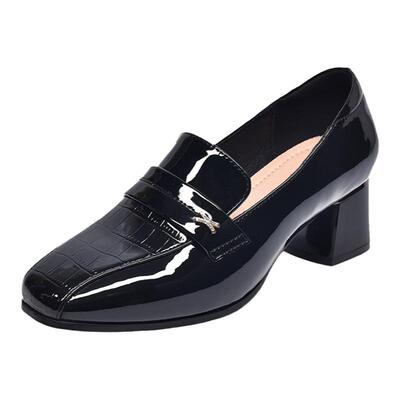 漆皮女鞋气质时尚方头粗跟单鞋乐福鞋春秋季百搭真皮软底女皮鞋YJ