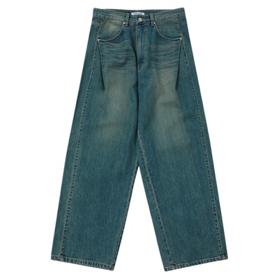 男女同款时尚宽松褶皱阔腿牛仔裤