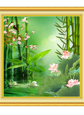 翠竹荷花天鹅装饰画新中式客厅餐厅清新风景挂画富贵平安壁画
