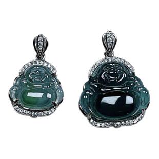 A货翡翠飘花佛镶嵌925银吊坠弥勒佛正品礼物女款玉佩佛公大肚佛