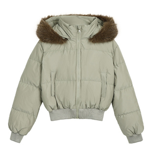 NEVA HU 挪威冬日 90白鸭绒连帽羽绒服女可拆大毛领短款收腰外套
