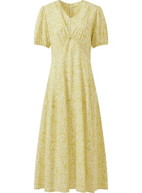 播26夏新品V领短袖连衣裙女度假风碎花泡泡袖裙子DDT2LD5675