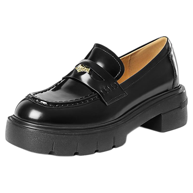 星期六英伦风单鞋女2025真皮厚底粗跟一脚蹬小皮鞋黑色增高乐福鞋