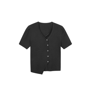MOFAN摩凡夏款时尚淑女黑色V领设计感毛衣女修身显瘦针织开衫
