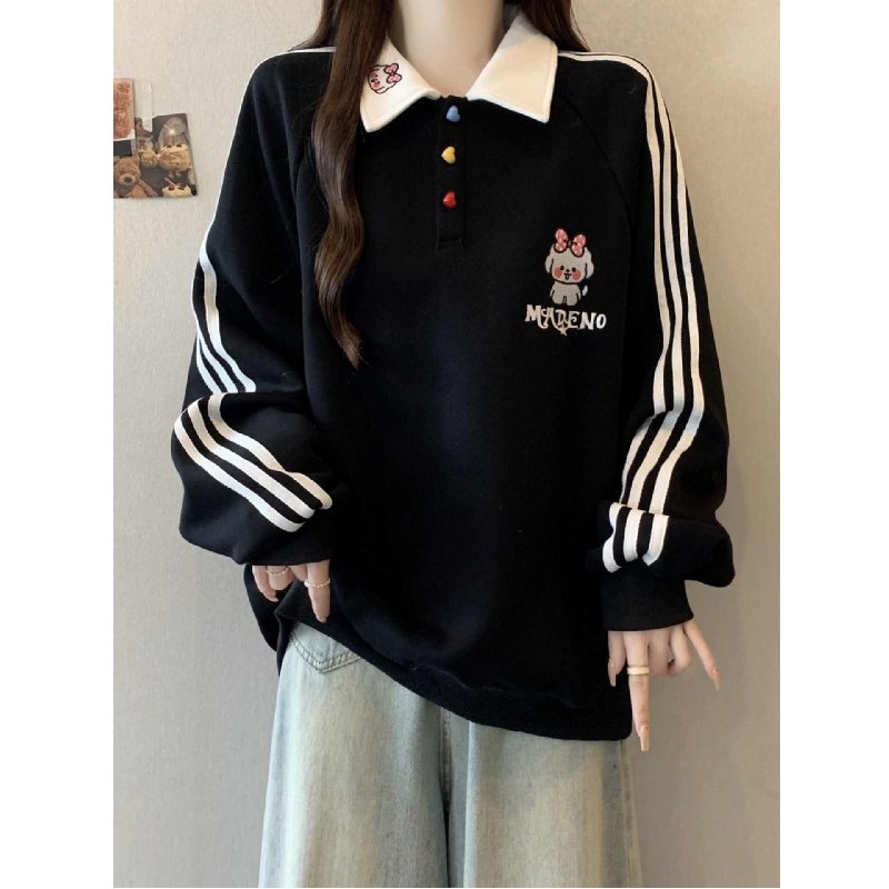 学院风条纹拼接Polo领刺绣卫衣女大童秋冬季加厚初中高中学生上衣