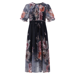 马天奴女装春夏新款藏青色印花连衣裙子系带收腰短袖气质时尚女装