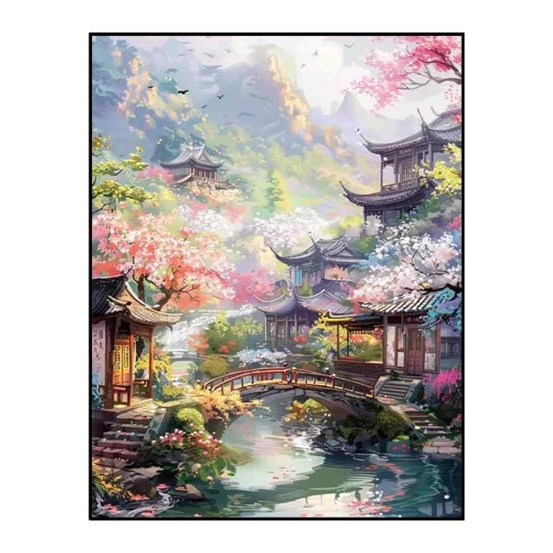 古风山水图方钻钻石画2026新款高颜值山间楼阁点贴粘钻十字绣卧室
