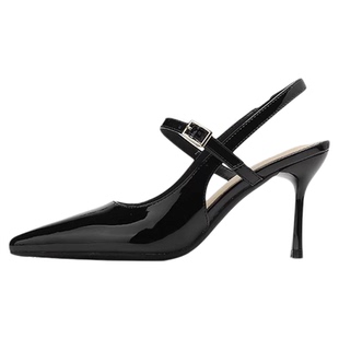 2025年春秋新款黑色高跟鞋女设计感法式尖头性感后空漆皮包头凉鞋