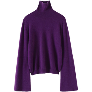 爆爱巨美~酒红色双层大廓袖高领羊绒衫女纯羊绒毛衣套头2023秋冬