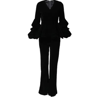 新款高端金丝绒套装女春秋冬阔腿裤洋气时尚休闲V领上衣两件套潮