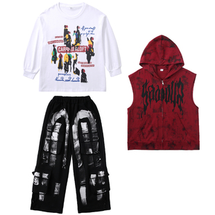 女童街舞黑色上衣popping衣服儿童红色马甲套装男童嘻哈风演出服