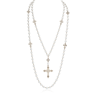 1JINN M2M 双层叠戴珍珠鸢尾叶镂空项链复古十字架小众长款毛衣链