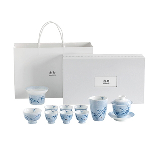 叁旬手绘青花竹影盖碗茶杯功夫茶具套装整套家用高档陶瓷套组礼盒