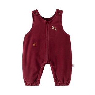 Oak mont婴儿加绒背带裤冬装宝宝抗起球登山绒红色拜年连体长裤子