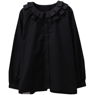 日系百搭娃娃领白衬衫女大码宽松设计感百搭森系小清新黑色法式胖