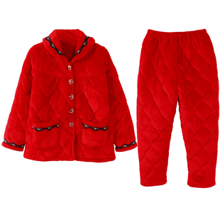 秋冬季中年人睡衣女士长袖夹棉S小码30-40-50-60岁加绒加厚家居服