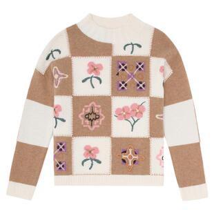 格外甜美~重工设计控！加厚格子拼色绣花纯羊绒衫女圆领套头毛衣